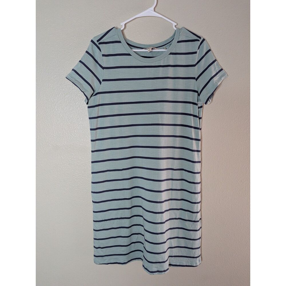 Toad&Co Women's M Striped T-Shirt Dress Sage Green Navy Organic Cotton Tencel